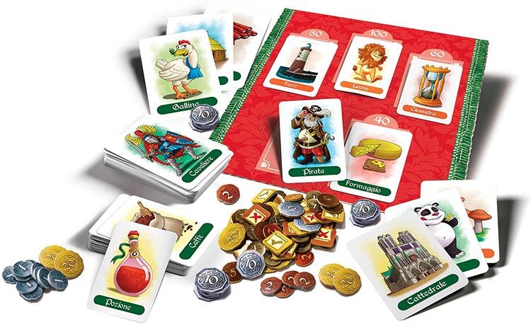 scatola e contenuto del gioco da tavolo Mercante In Fiera