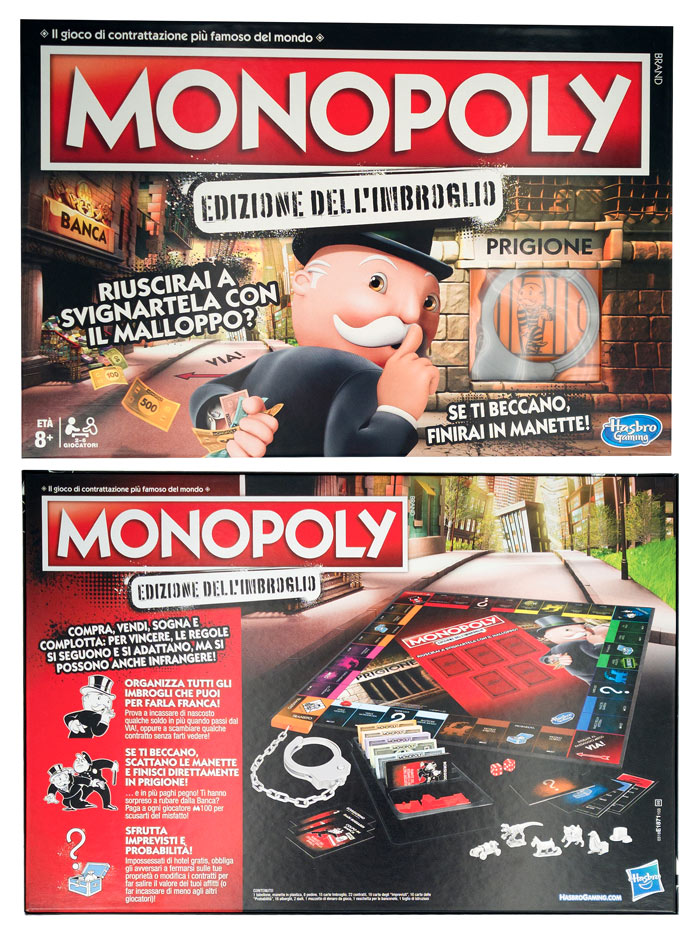 la scatola fronte retro di Monopoly Edizione Dell'Imbroglio