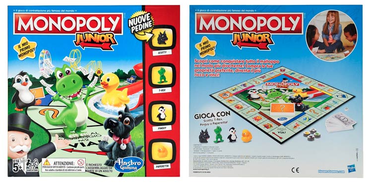 la scatola fronte-retro di monopoly junior
