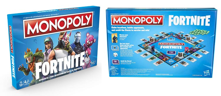 fronte retro della scatola di Monopoly Fortnite